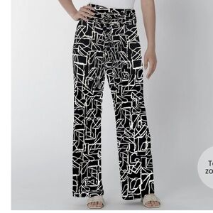 Nina Leonard Navy Blue and White Geometric Print Wide Leg Palazzo Pants